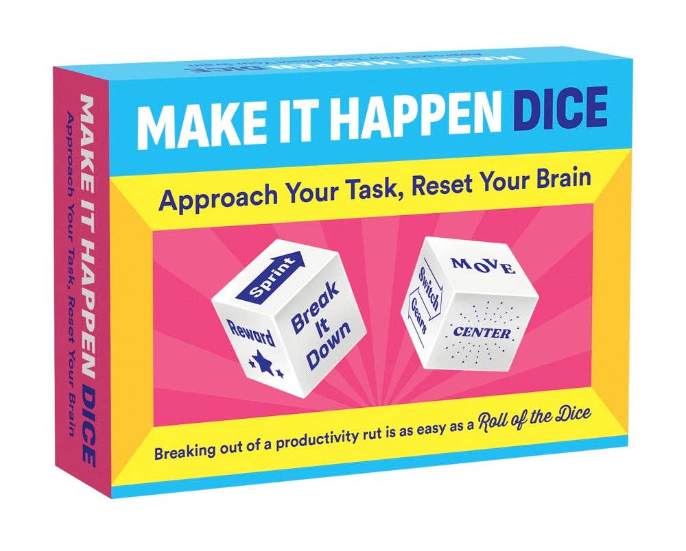 Make It Happen Dice set with two decision dice and motivational text in a colorful box.