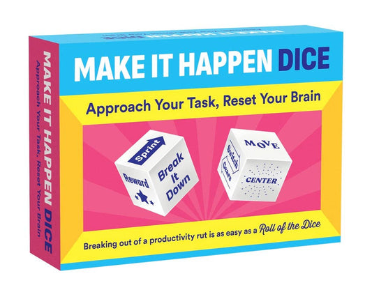 Make It Happen Dice set with two decision dice and motivational text in a colorful box.