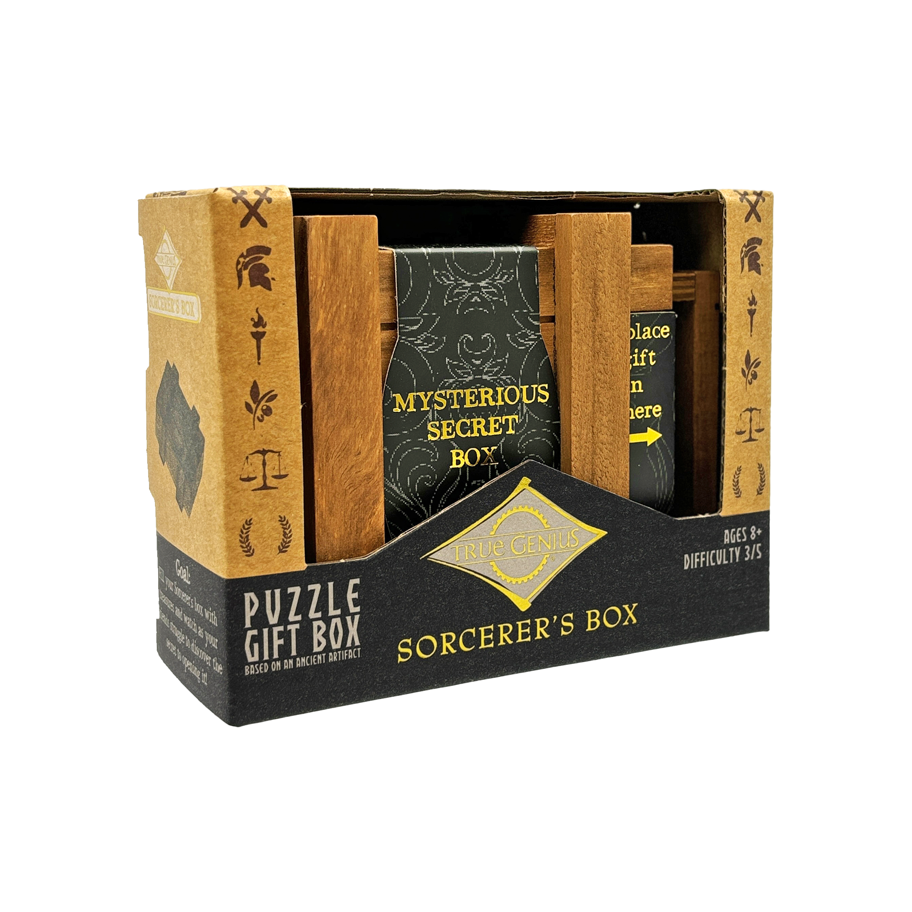 True Genius Sorcerers Box wooden puzzle set, for ages 8 and up, difficulty level 3 out of 5.