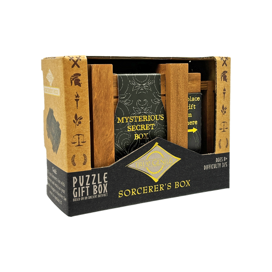True Genius Sorcerers Box wooden puzzle set, for ages 8 and up, difficulty level 3 out of 5.
