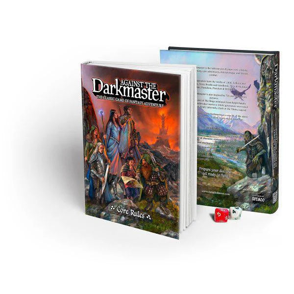 Against the Darkmaster Core Rules RPG books with red and white dice.