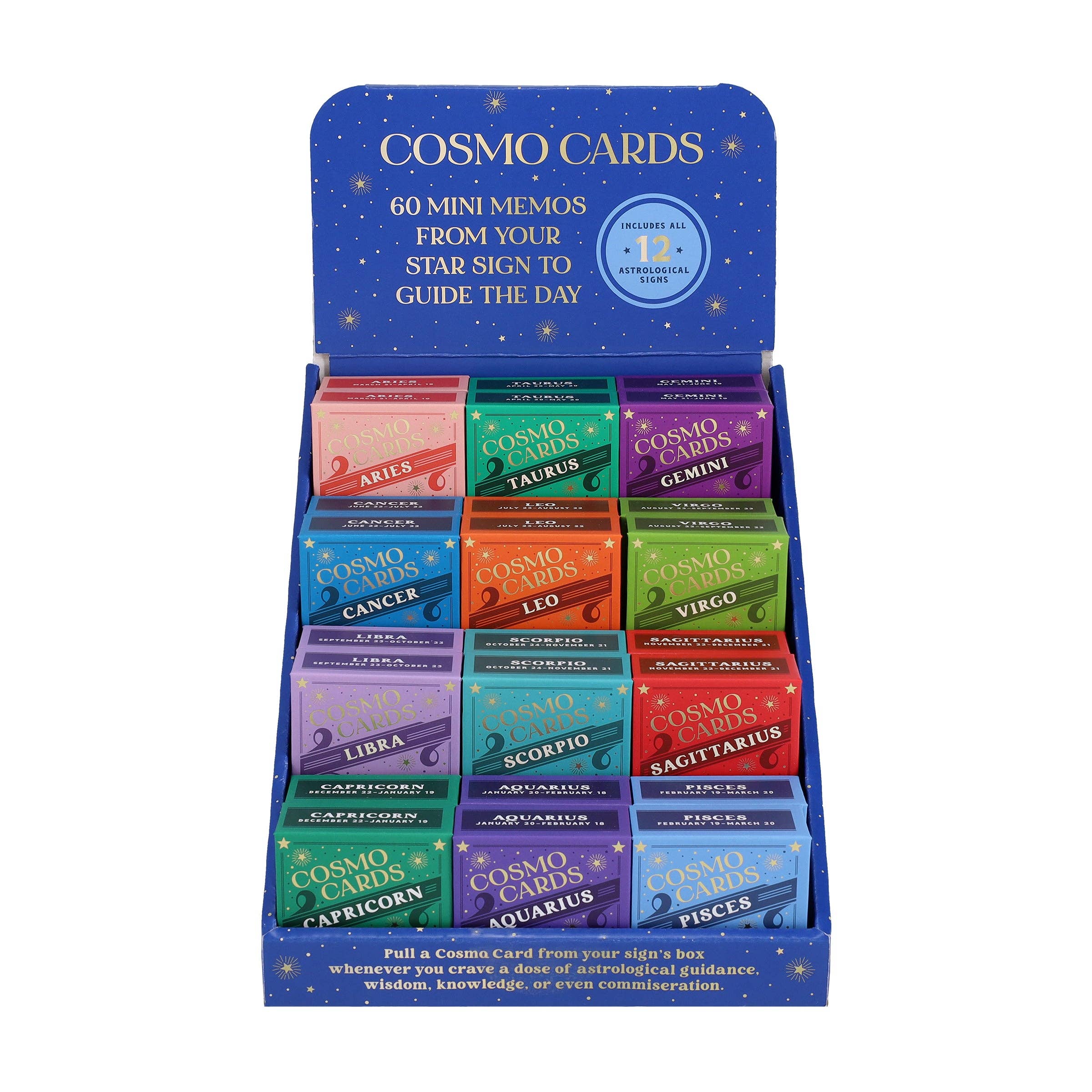 Cosmo Cards oracle deck with daily affirmation memos for each zodiac sign, shown in display box.