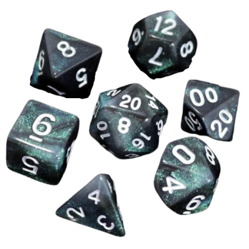 Everclear Aurora RPG Dice Set with seven black swirled resin dice featuring white numbers.