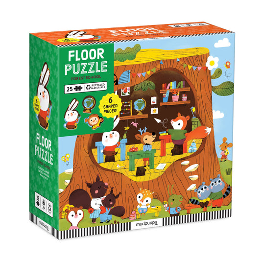 Forest School 25 Piece Floor Puzzle with large shaped pieces and forest animals by a tree; for ages 2+.