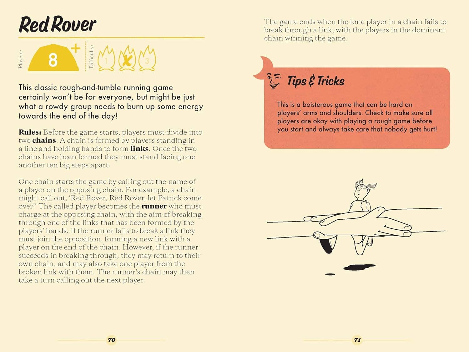 Family Camping Games book page describing Red Rover with illustrated instructions and tips.