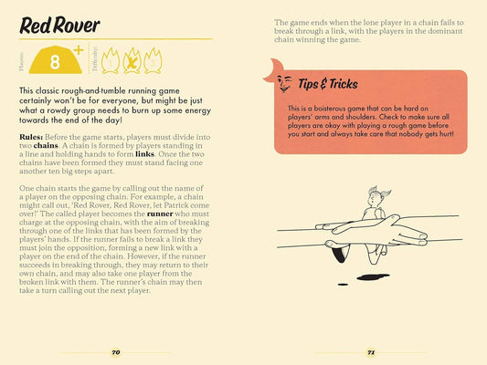 Family Camping Games book page describing Red Rover with illustrated instructions and tips.
