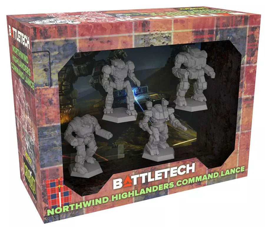 BattleTech Northwind Highlanders Command Lance Miniature Set with four gray mercenary command mechs.