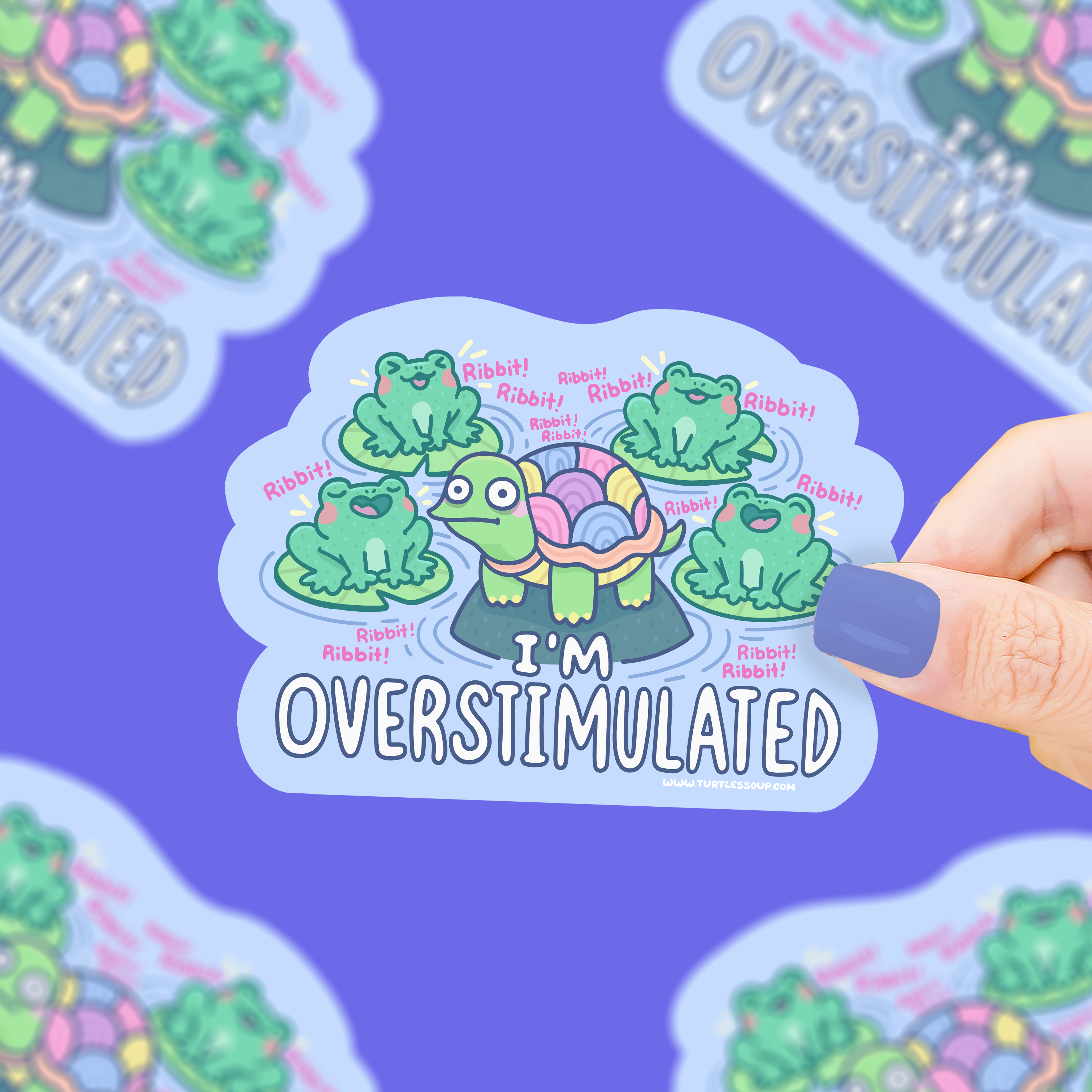 Overstimulated Turtle covering ears from loud frogs, vinyl sticker by Turtles Soup.