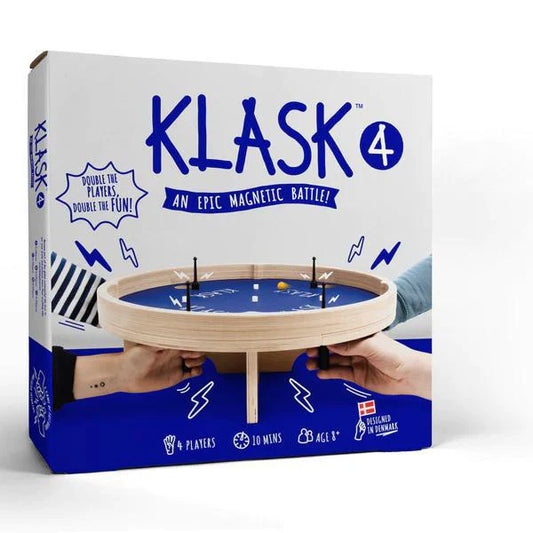 Klask 4 box showing a magnetic tabletop game with a round wooden board for four players.