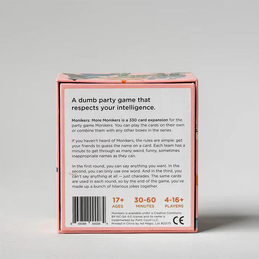 Back of the More Monikers expansion box, showing new cards and game details for the Monikers party game.