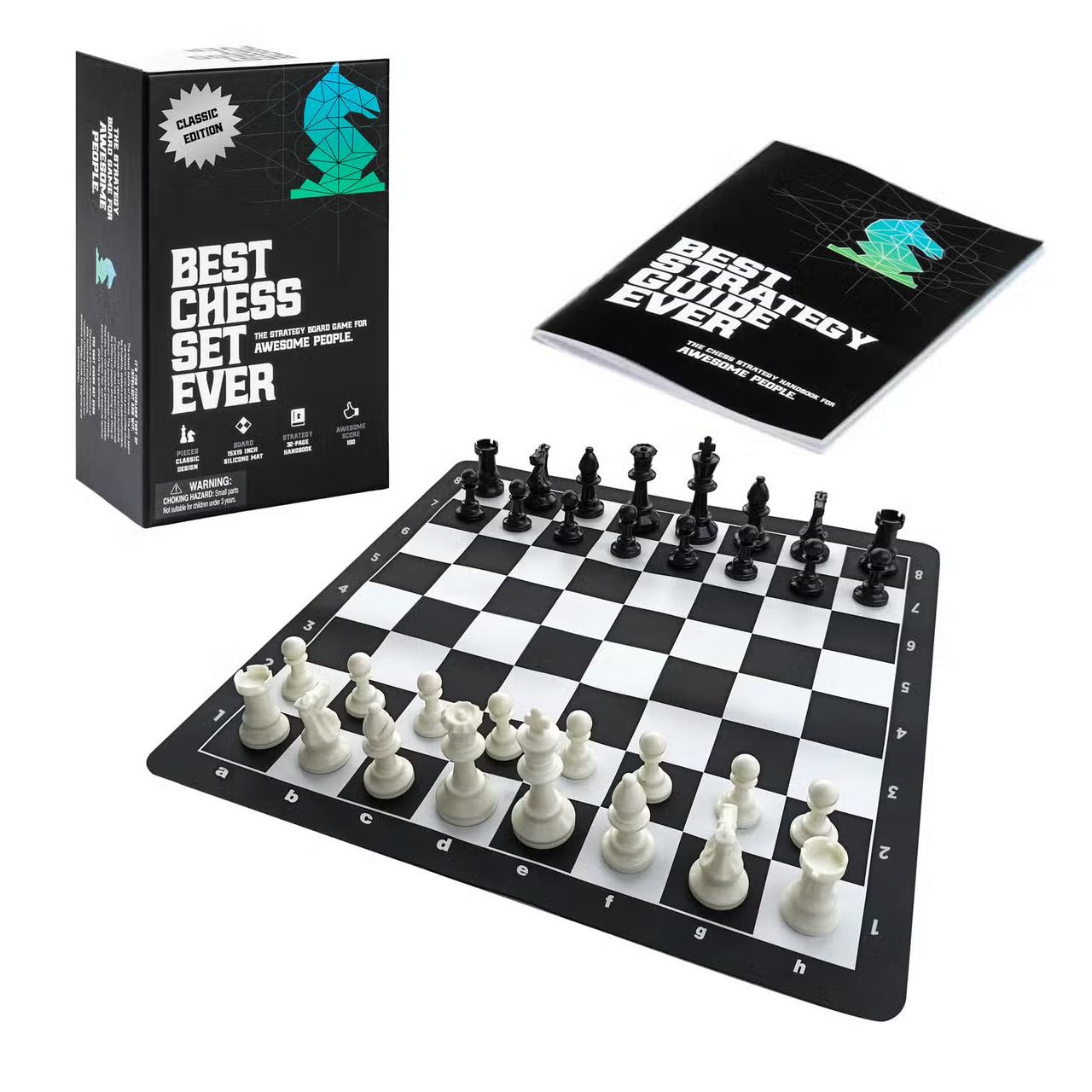 Travel Best Chess Set Ever with weighted pieces, silicone board, instructions, and storage box.