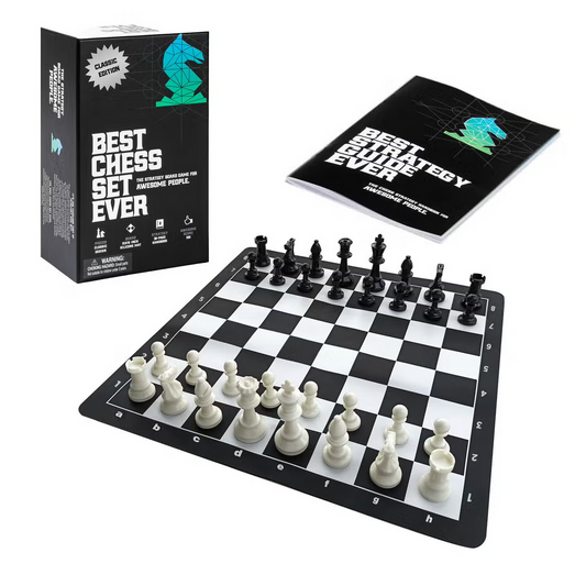 Travel Best Chess Set Ever with weighted pieces, silicone board, instructions, and storage box.