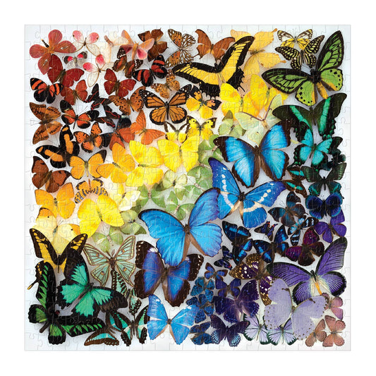Rainbow Butterflies 500 Piece Puzzle by Galison featuring butterflies arranged by color.