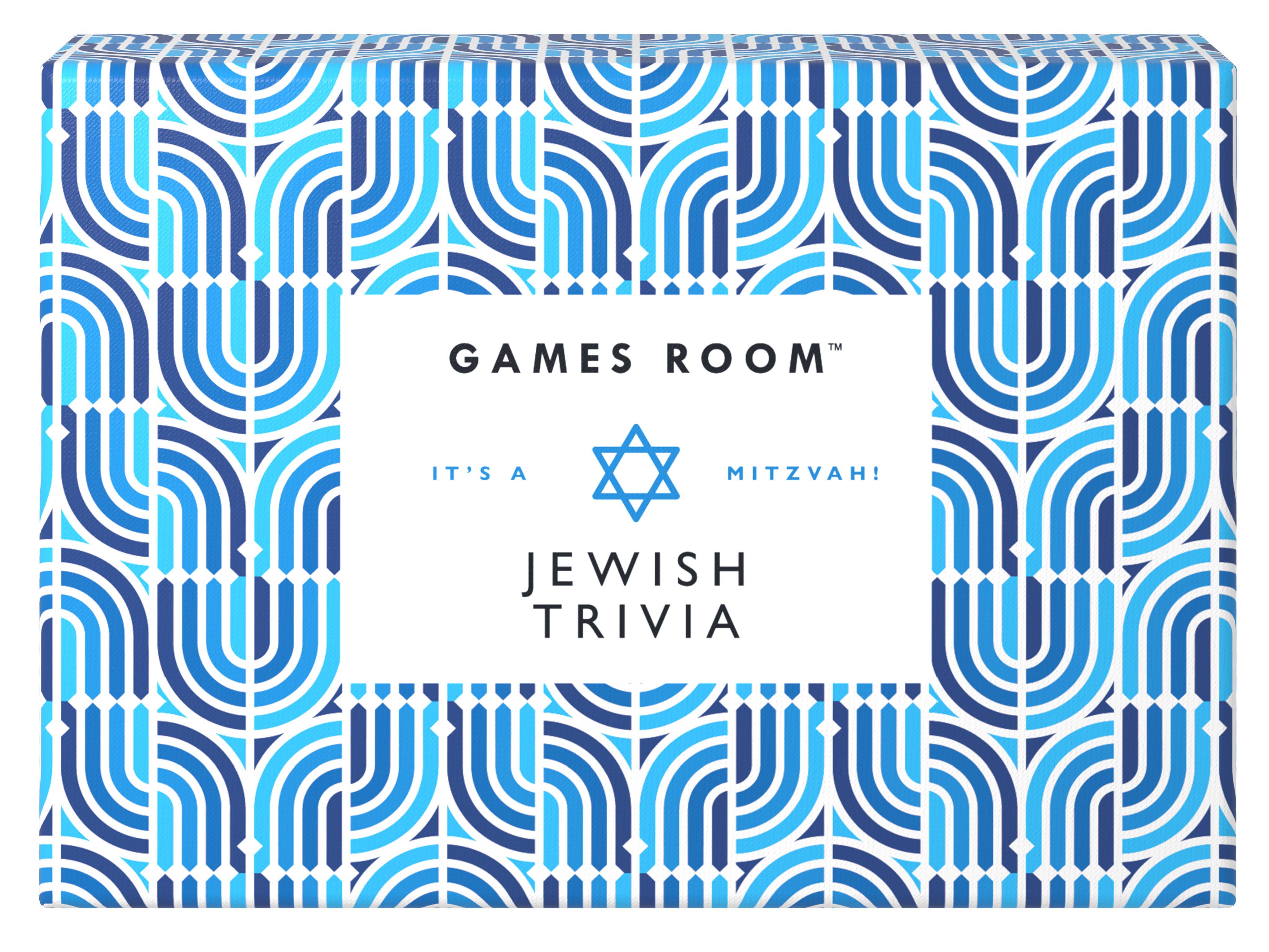 Jewish Trivia family game in blue patterned box with Star of David, by Games Room.