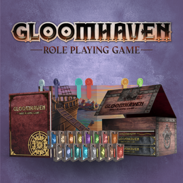 Gloomhaven RPG Deluxe Box Set with books, cards, and tokens.