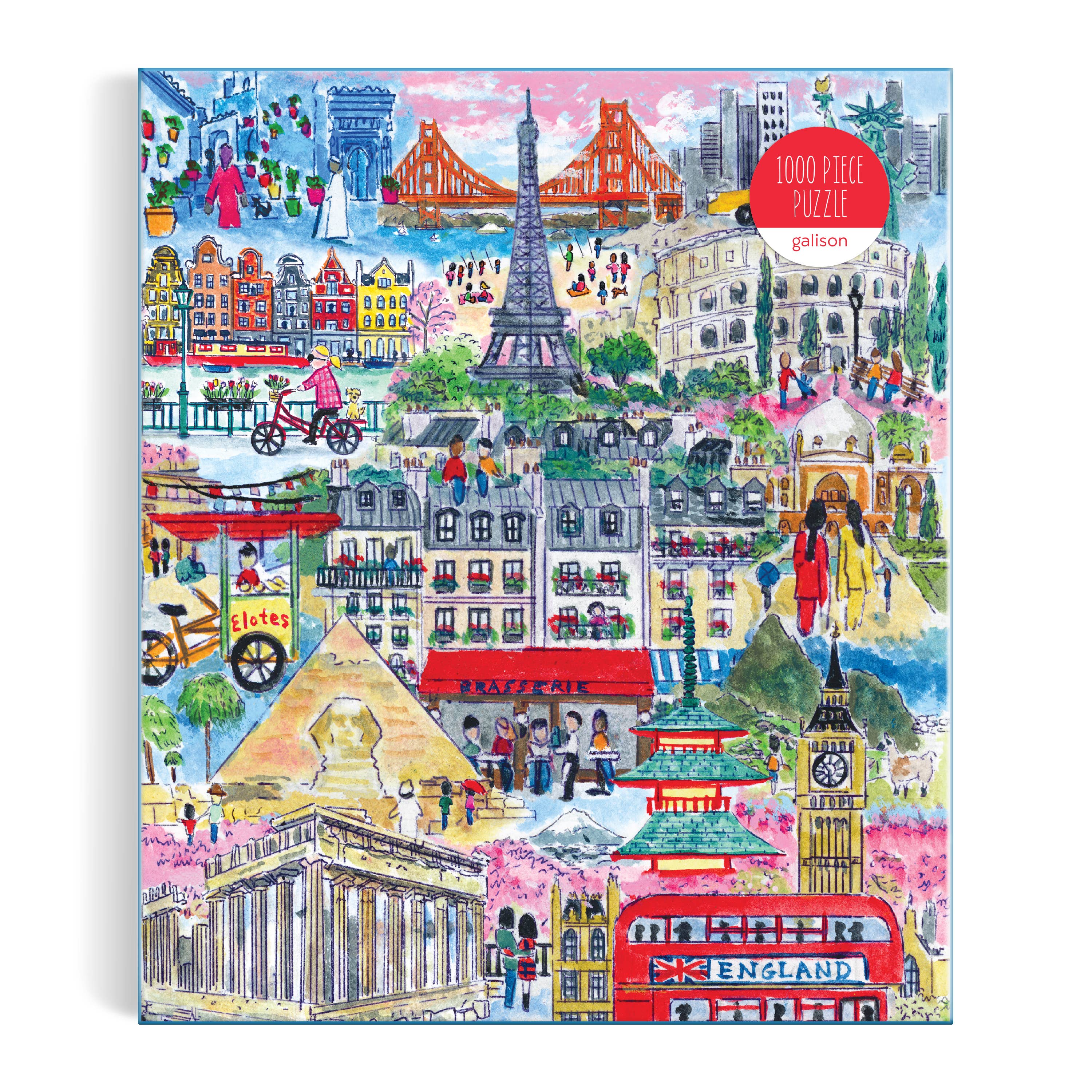 Michael Storrings Cities Around the World 1000 Piece Puzzle with illustrations of global landmarks.