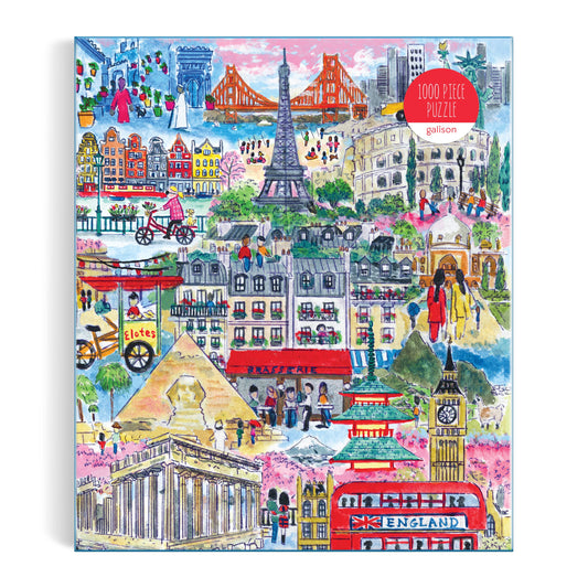Michael Storrings Cities Around the World 1000 Piece Puzzle with illustrations of global landmarks.