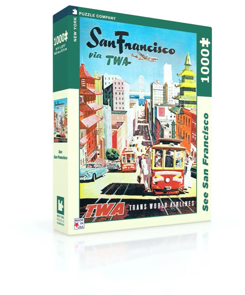 San Francisco 1000-piece jigsaw puzzle featuring vintage TWA travel poster art with trolley cars and cityscape.