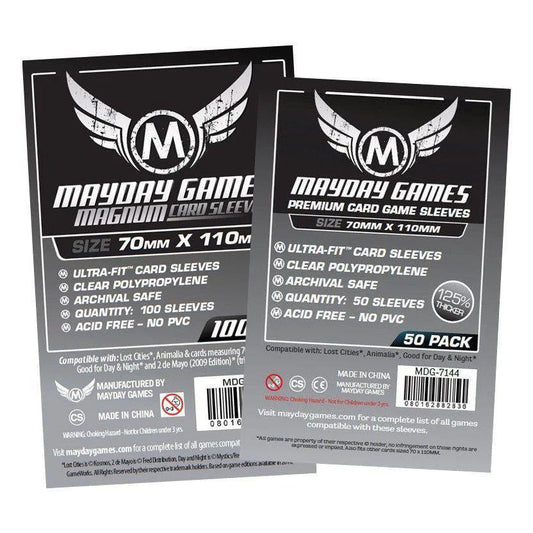 Two packs of Mayday Games 70mm x 110mm 100-count archival-safe card sleeves in black packaging.