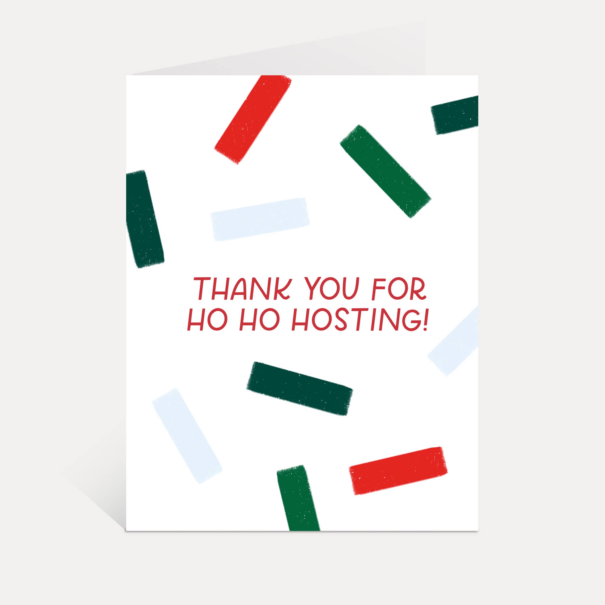 Ho Ho Hosting holiday card with red, green, and light blue dashes and the text THANK YOU FOR HO HO HOSTING.