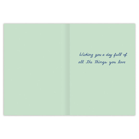 Sweet Treats Hedgehog Birthday Card with light green interior, blue cursive text, and gold foil accents.