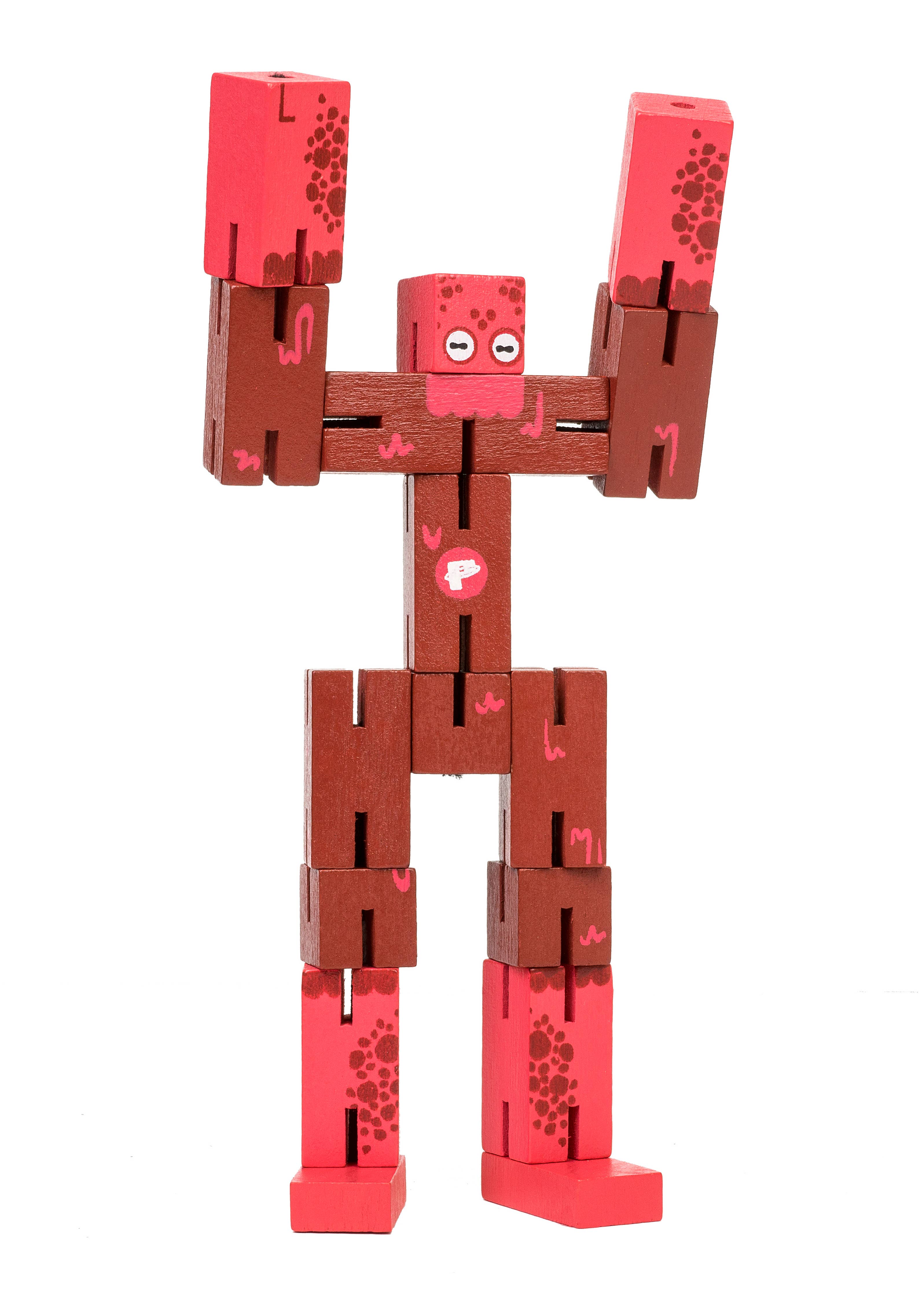 Puzzle Planet articulated red and brown wooden robot block puzzle.
