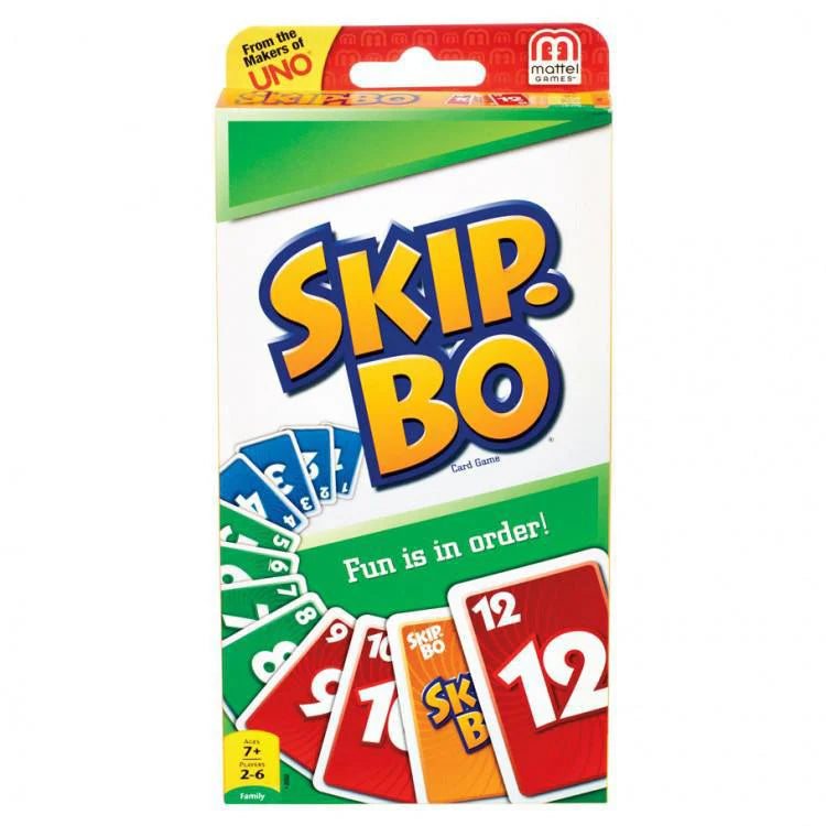 SKIP-BO card game box with colorful cards and the slogan Fun is in order displayed on the front.