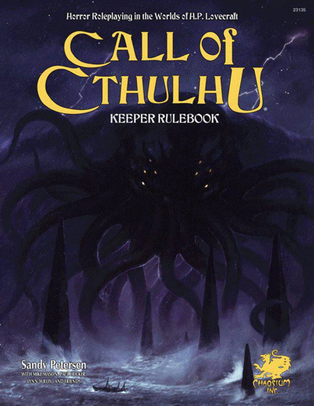 Call of Cthulhu Keeper Rulebook, yellow cover with tentacled shadowy creature in the background.