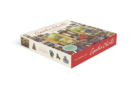 World of Agatha Christie 1000 Piece Puzzle featuring illustrated murder mystery scenes and story objects.