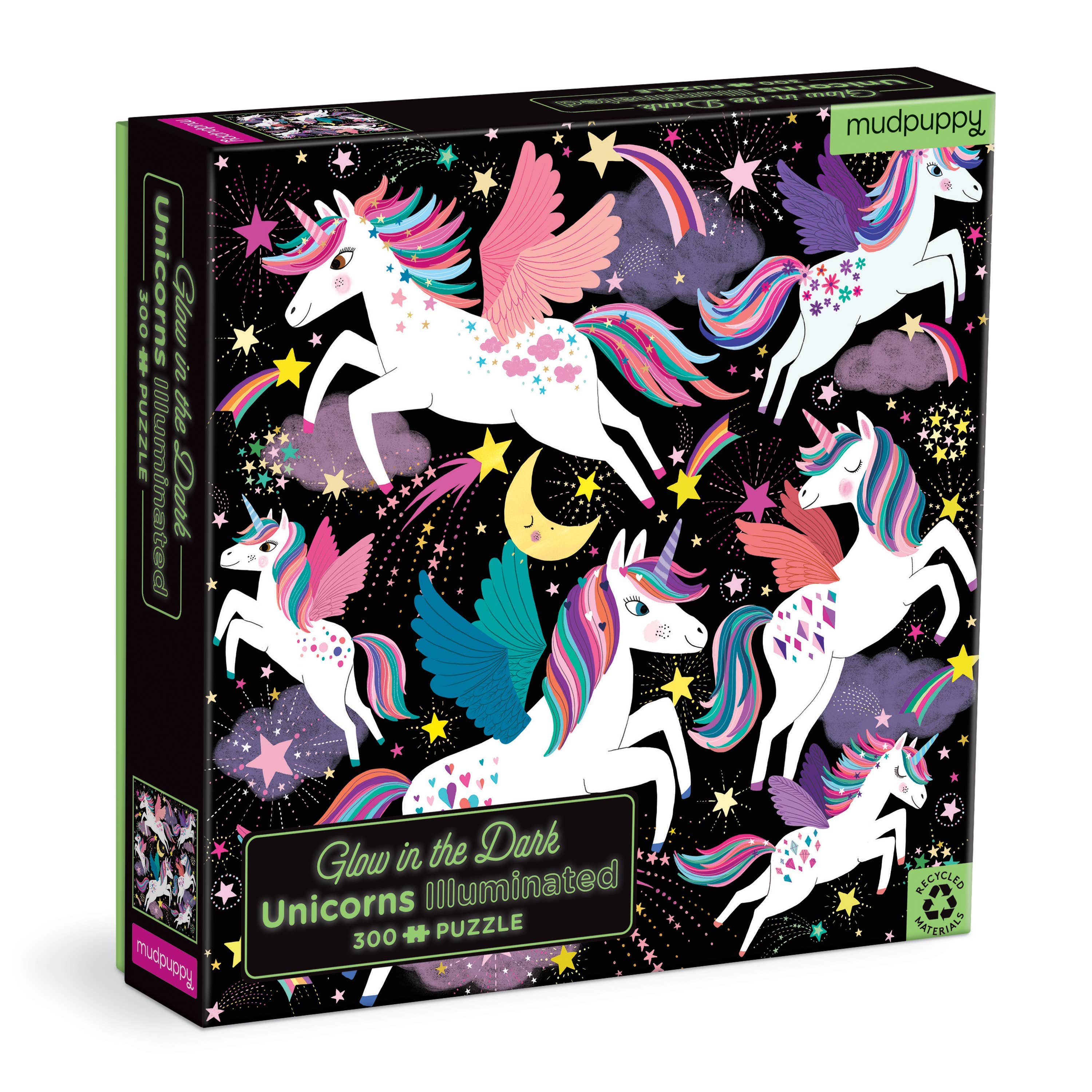 Unicorns Illuminated 300 Piece Glow in the Dark Puzzle with colorful unicorns on a starry background.