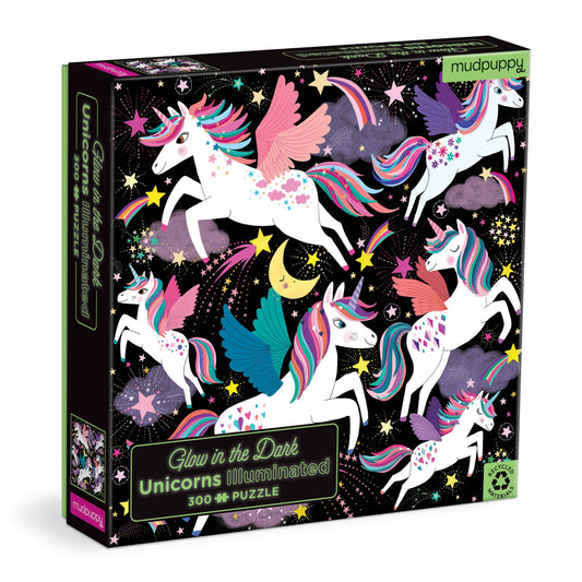 Unicorns Illuminated 300 Piece Glow in the Dark Puzzle with colorful unicorns on a starry background.