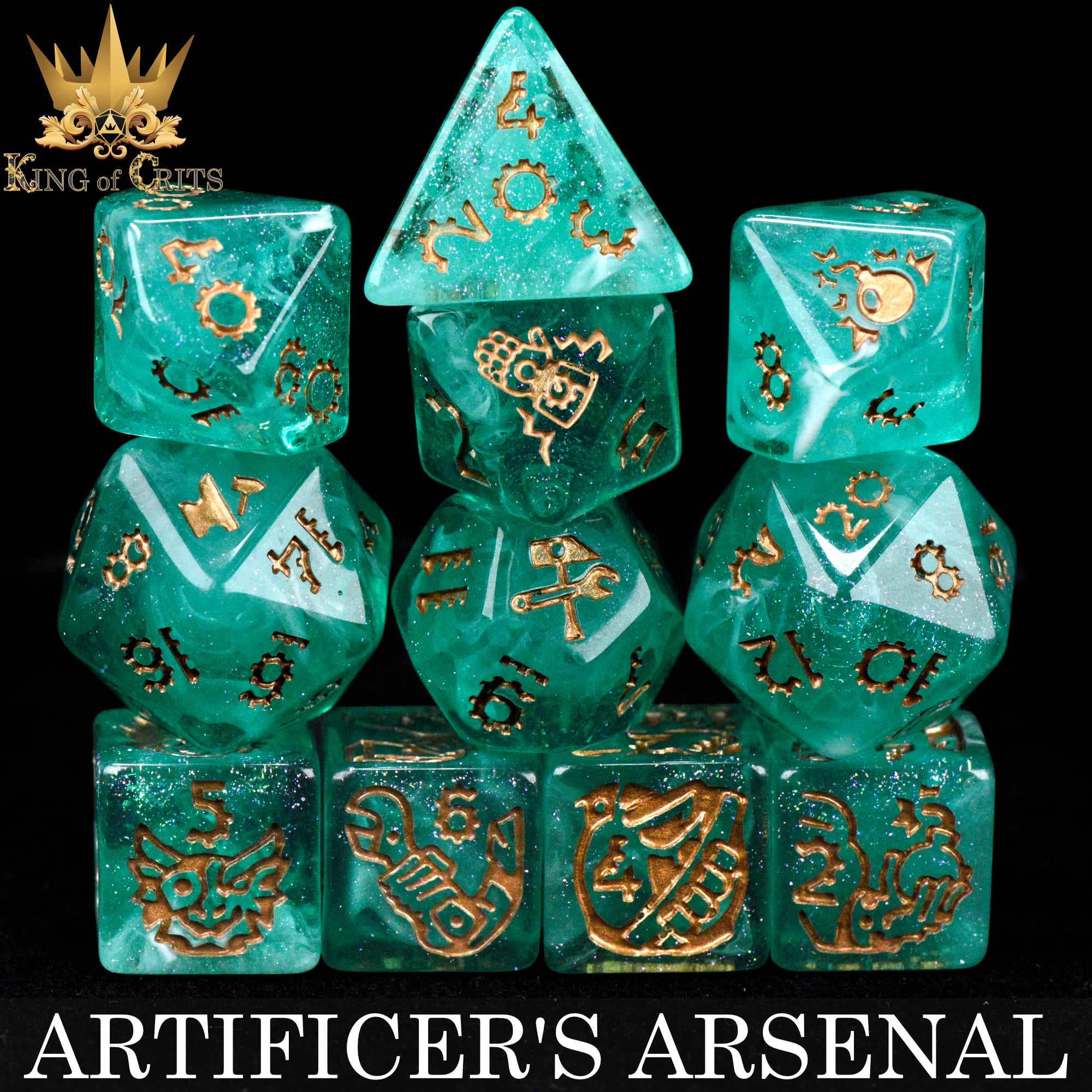 Artificers Arsenal 11-piece dice set, green with gold symbols, for DND and King of Crits.