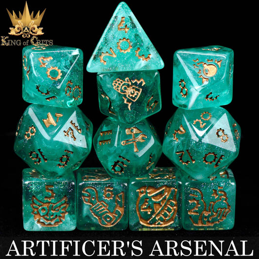 Artificers Arsenal 11-piece dice set, green with gold symbols, for DND and King of Crits.