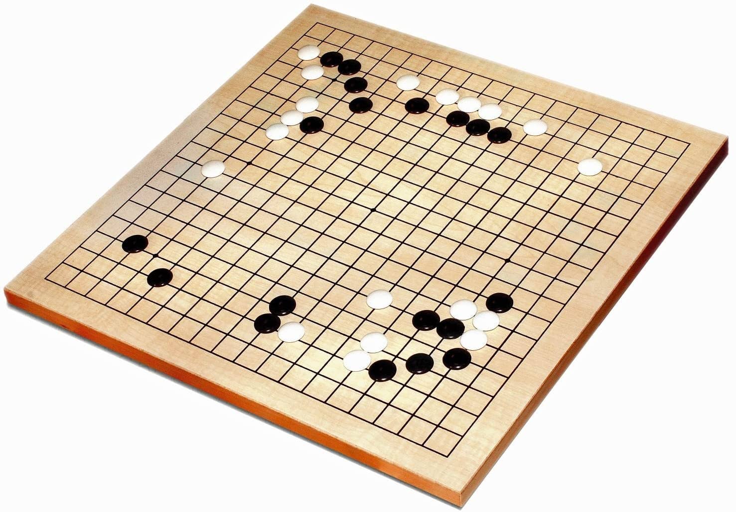 12-inch wooden Go board with black and white plastic stones arranged on its wood veneer grid.