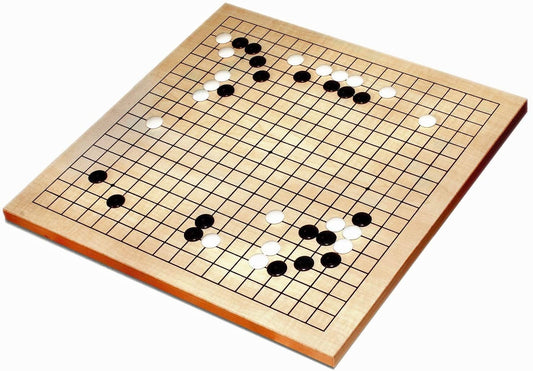 12-inch wooden Go board with black and white plastic stones arranged on its wood veneer grid.
