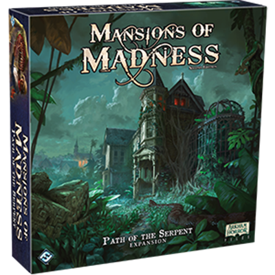 Mansions of Madness: Path of the Serpent Expansion board game box featuring an Amazon jungle mansion theme.