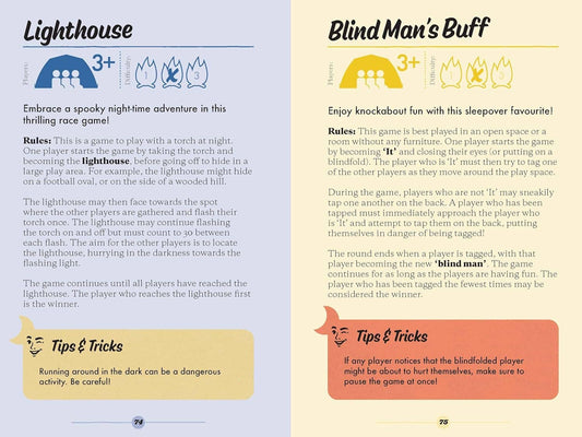 Family Camping Games pages with illustrated instructions, icons, and tips on yellow and blue backgrounds.