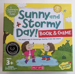 Sunny and Stormy Day box for ages 3+, includes book and game. Cover features two hedgehogs playing in a puddle.