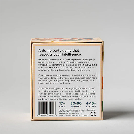 Back of Monikers: Serious Nonsense game expansion box with player count 4–16+ and age rating 17+.