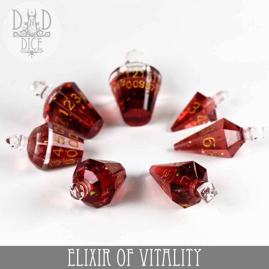 Seven red Elixir of Vitality dice with gold numbers, seven-piece set for Dungeons and Dragons.