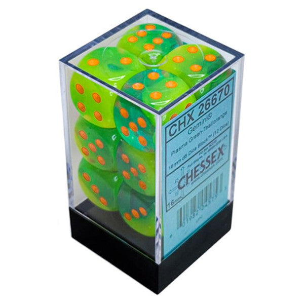 Gemini Plasma Luminary Green-Teal/Orange 12d6 dice set in clear case, black base, orange dots, CHX 26670.