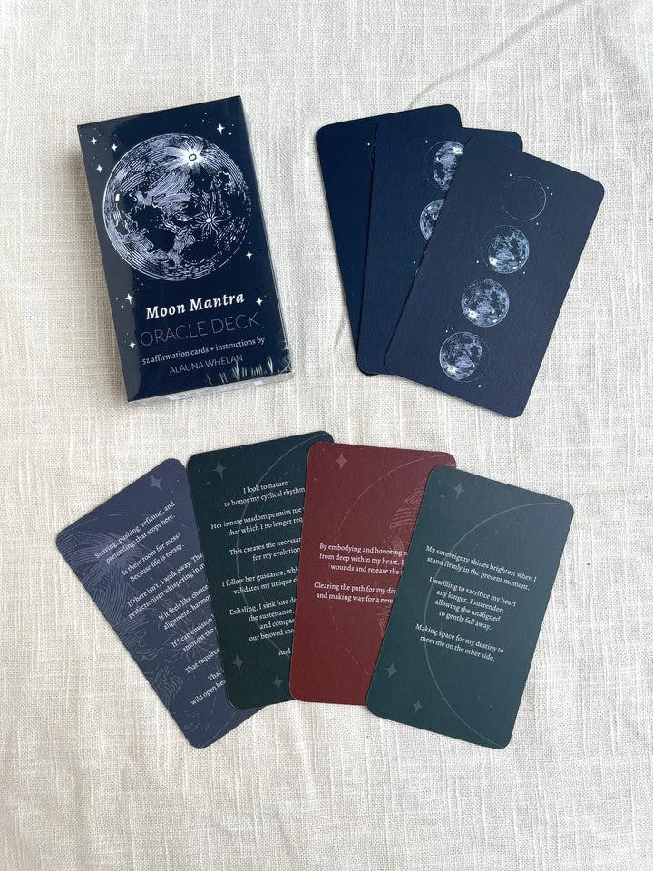 Moon Mantra Oracle Deck with affirmation cards showing lunar phases.