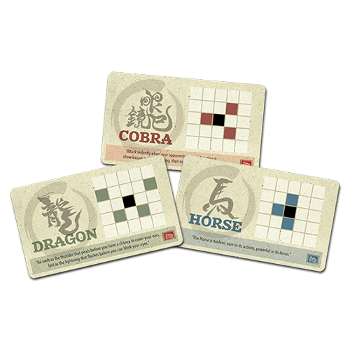 Three Onitama martial tactics card games featuring Cobra, Dragon, and Horse cards with unique grids and icons.