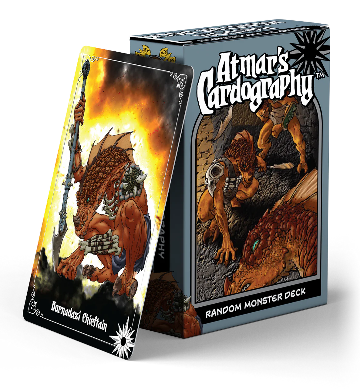 Cardography: Random Monsters deck displayed beside a fantasy card showing a lizard chieftain.