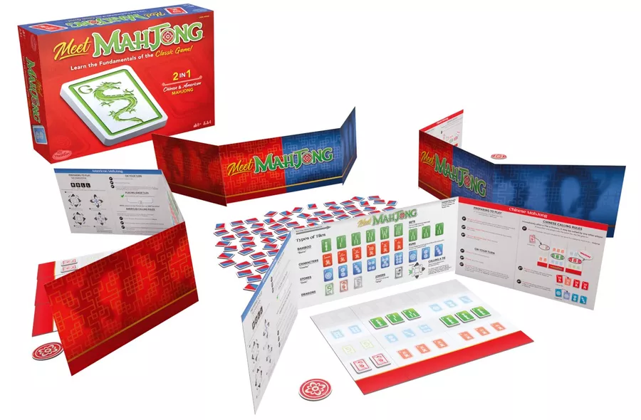 Meet Mahjong board game set with box, tiles, instruction screens, and reference sheets.