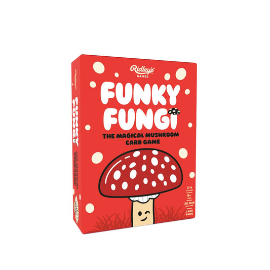Funky Fungi card game in a red box featuring Mushroom Master character with red cap and white spots.