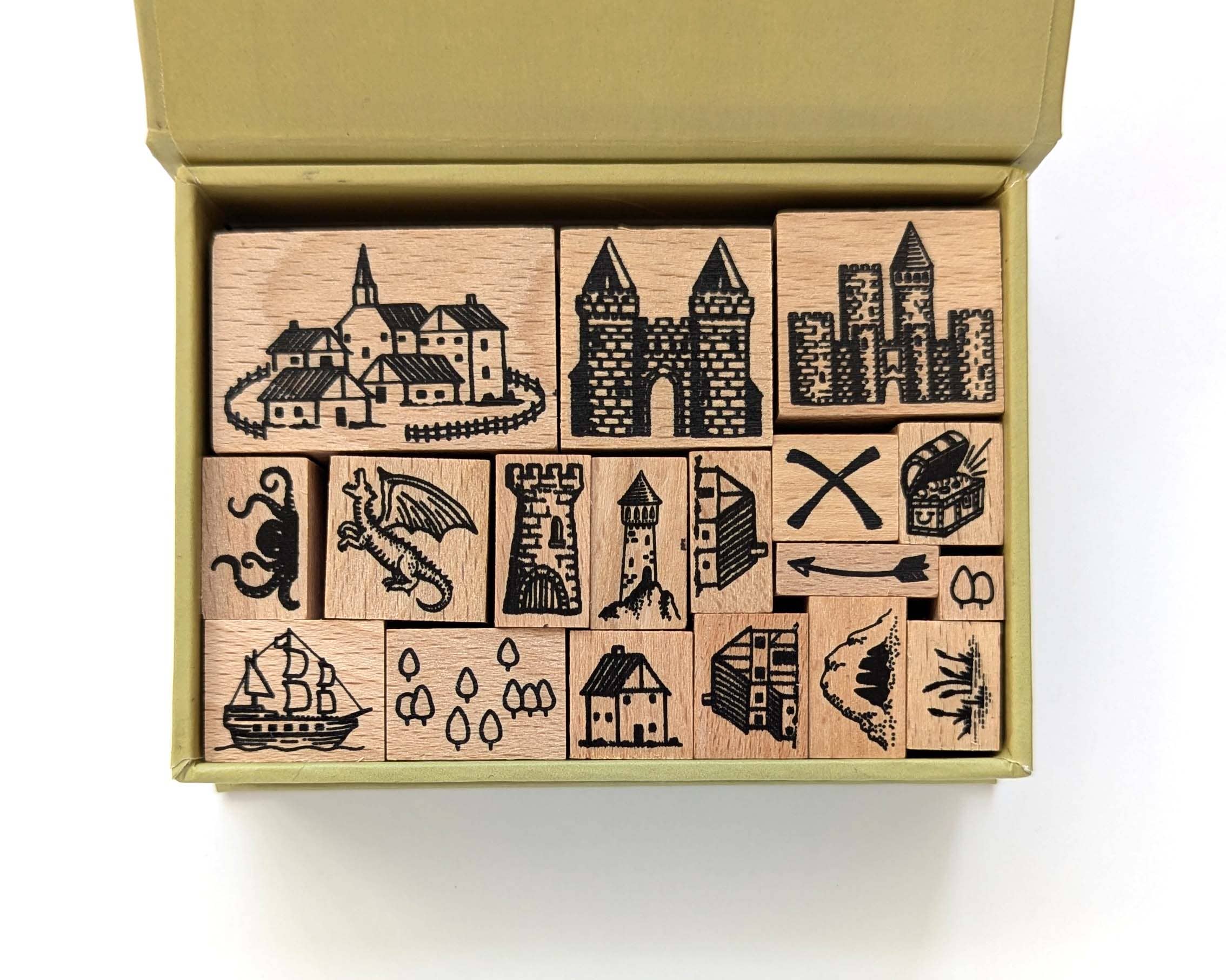 Castle Pack Map Making Stamp Kit with castle, dragon, house, and ship stamps in a wooden box.