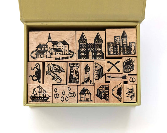 Castle Pack Map Making Stamp Kit with castle, dragon, house, and ship stamps in a wooden box.