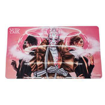 Adaptive Automatons Secret Lair If Looks Could Kill MTG playmat featuring three robed figures with glowing effects.