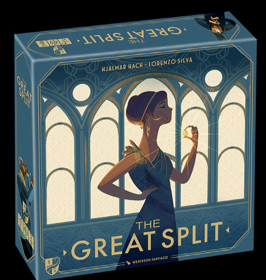 The Great Split board game box showing a woman in blue holding a gemstone.